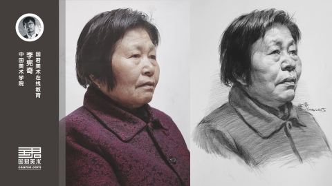 女老年三分之二侧面素描头像_李宪奇